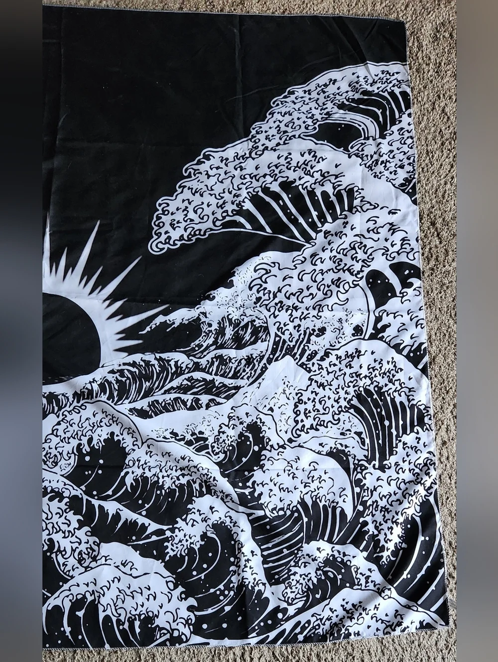 Large Black & White Ocean Wave Wall Hanging Tapestry with Rising Sun - Picture 3 of 6